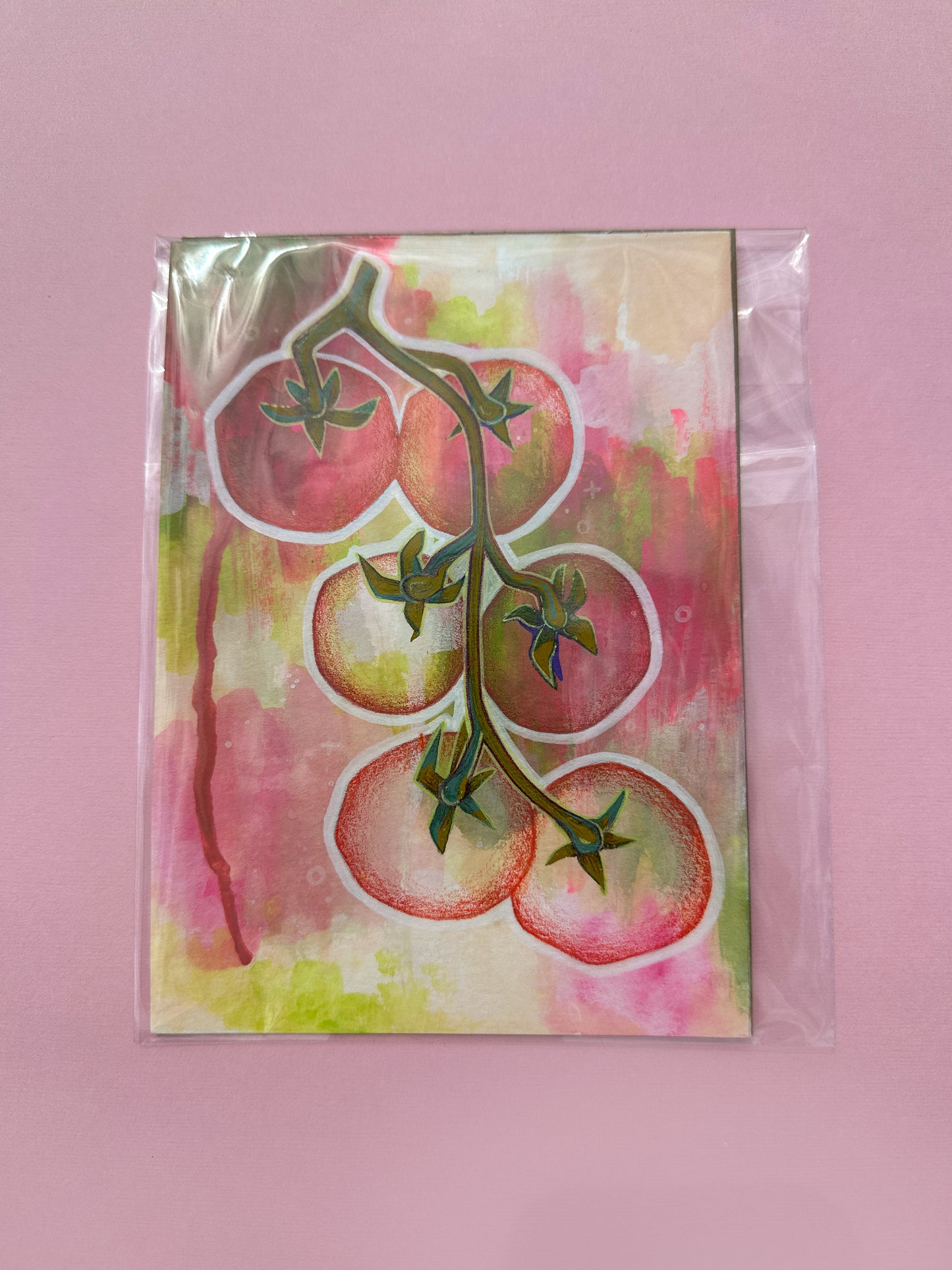 "Pink Tomatoes on the Vine" Original Illustration (5x7, Small Artwork)