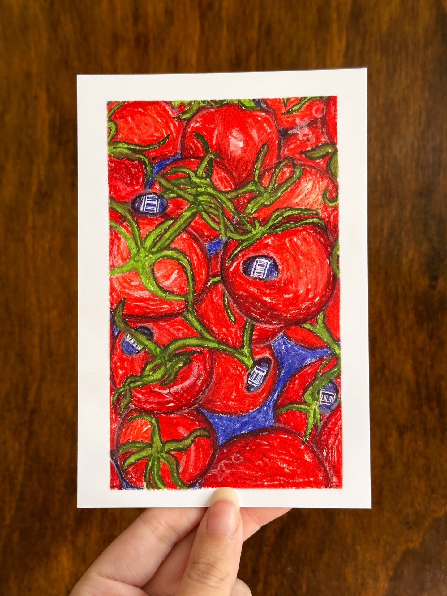 grocery store tomatoes mini art print (4x6 postcard, small artwork)