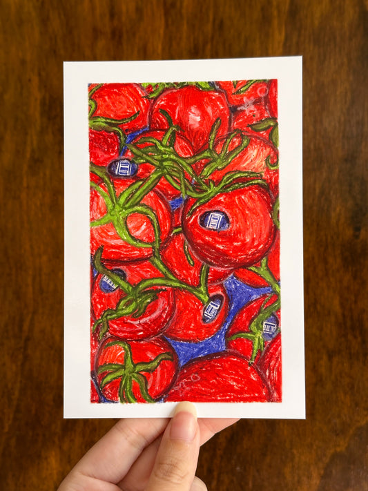 grocery store tomatoes mini art print (4x6 postcard, small artwork)