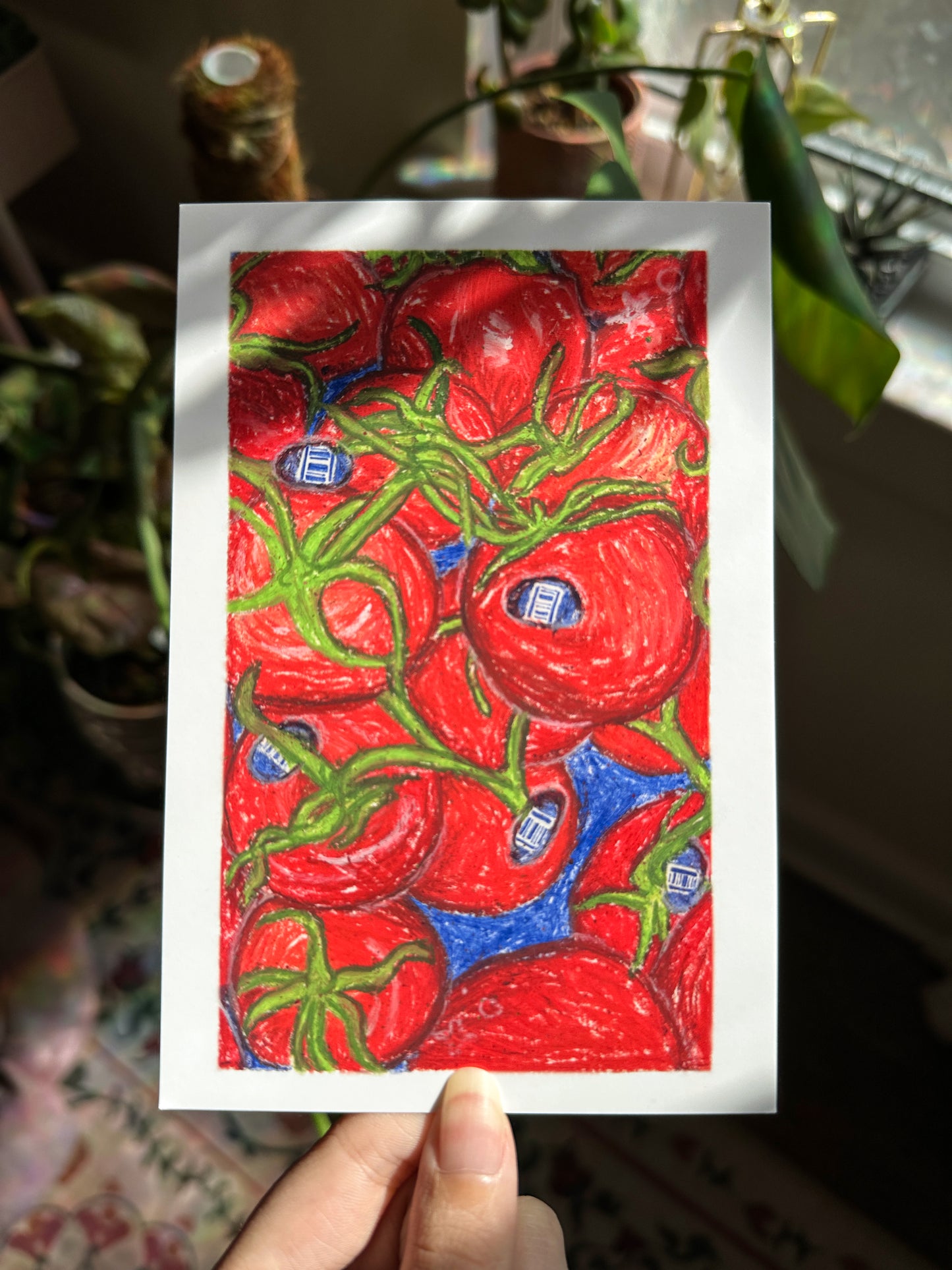 grocery store tomatoes mini art print (4x6 postcard, small artwork)