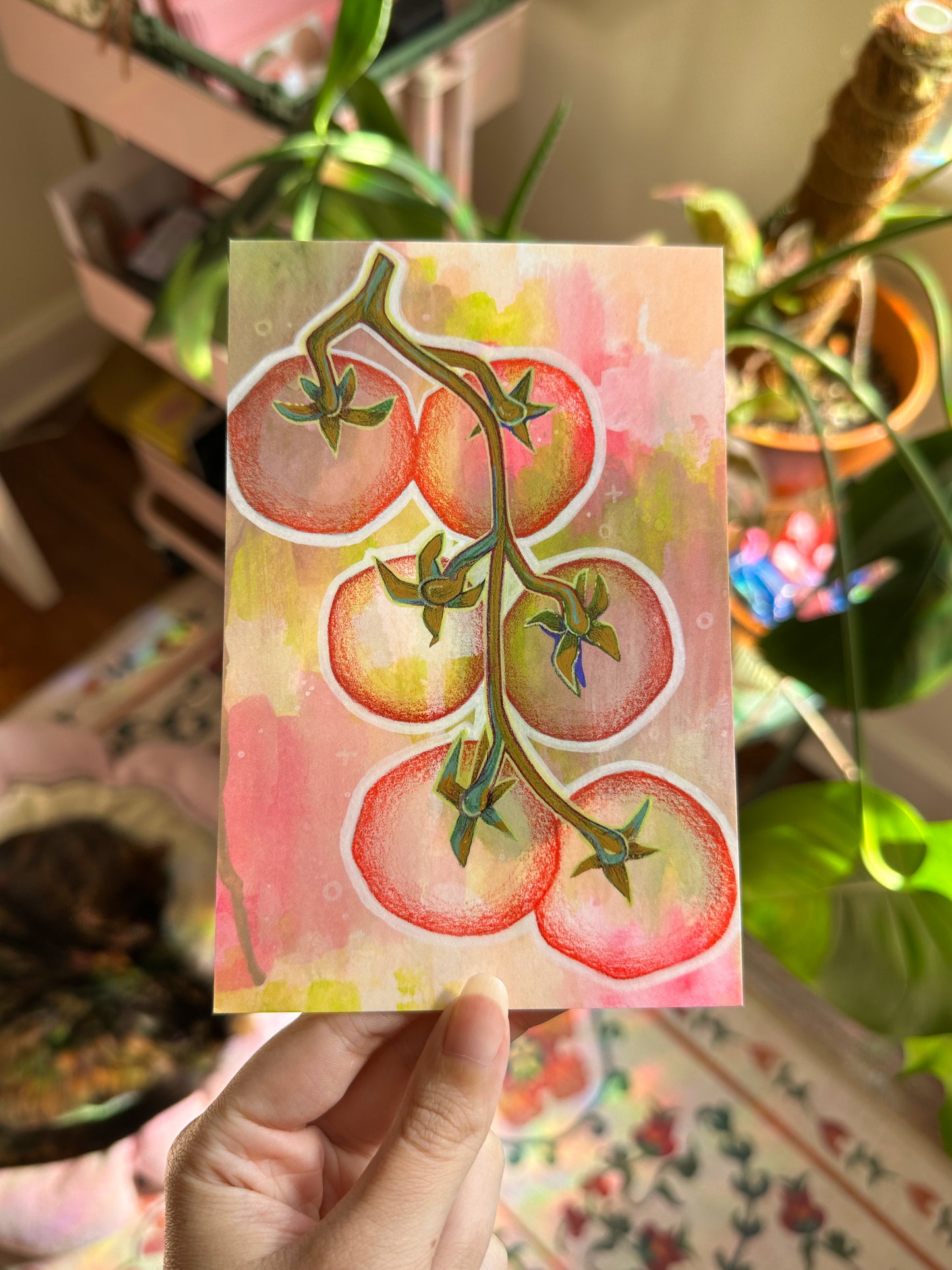 "pink tomatoes on the vine mini art print (4x6 postcard, small artwork)