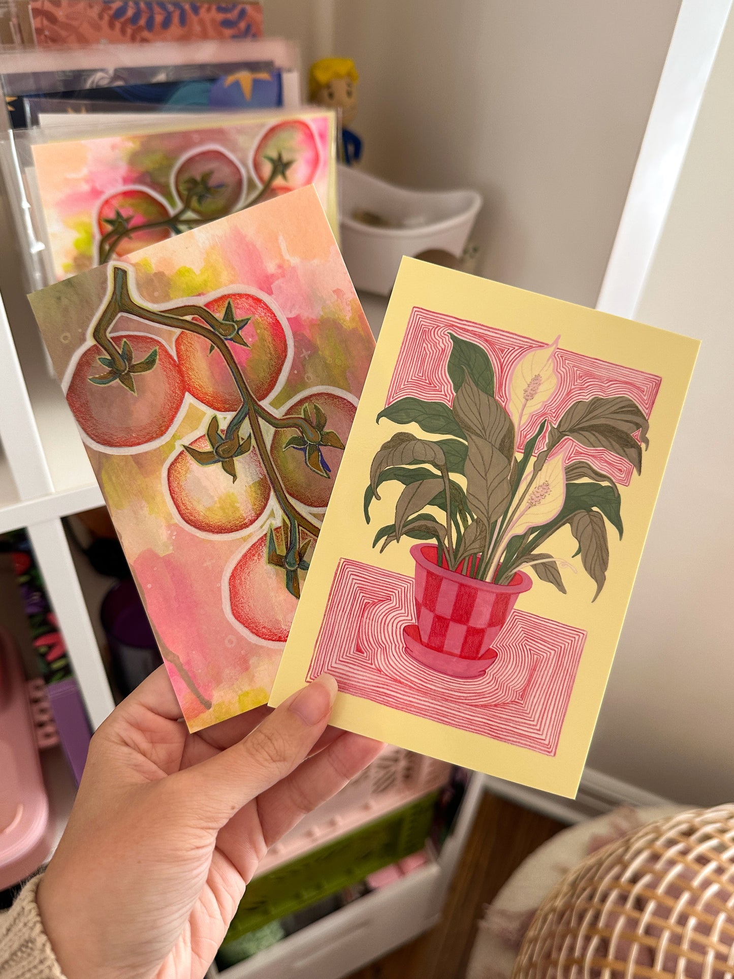 "pink tomatoes on the vine mini art print (4x6 postcard, small artwork)