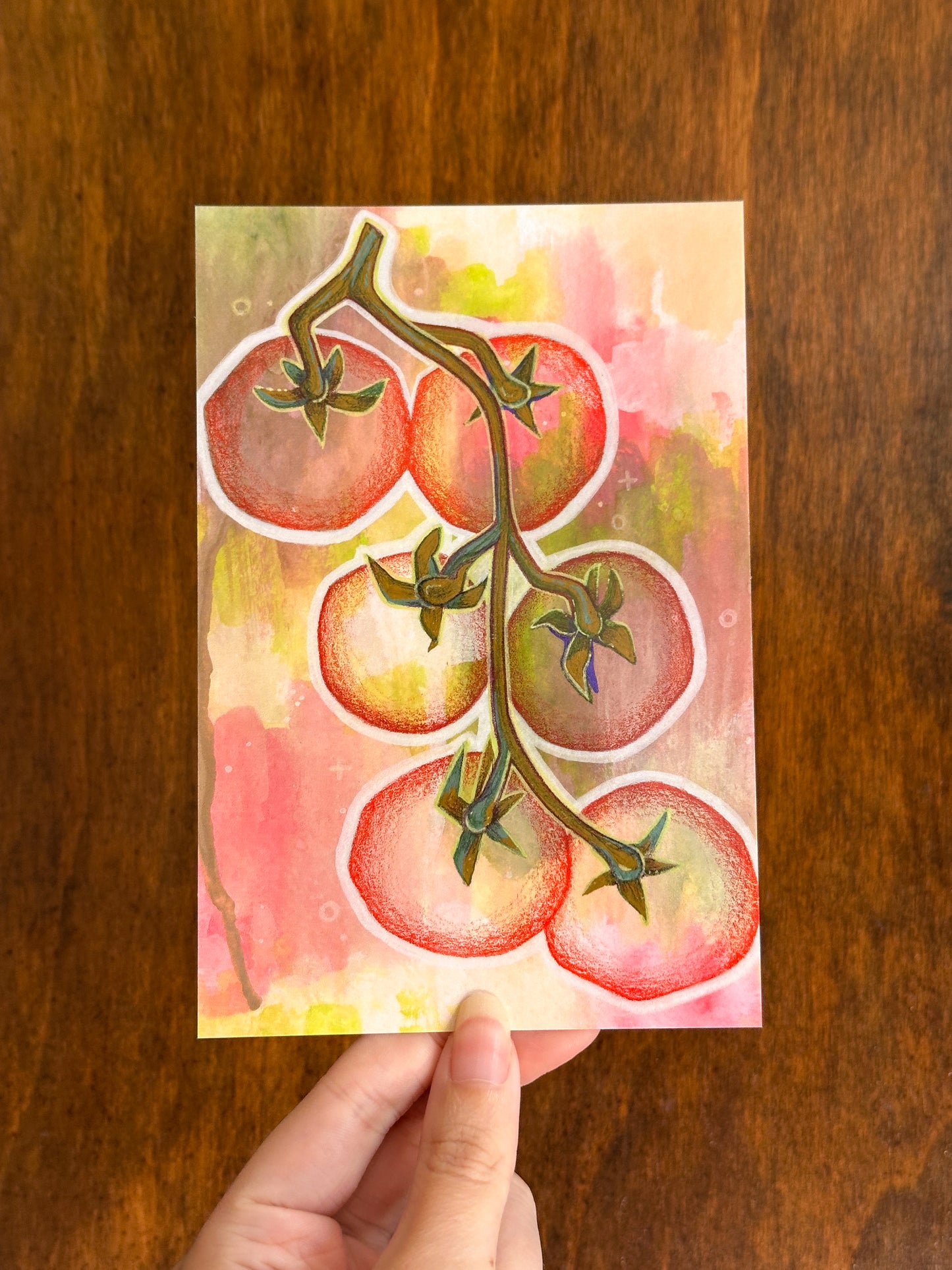 "pink tomatoes on the vine mini art print (4x6 postcard, small artwork)