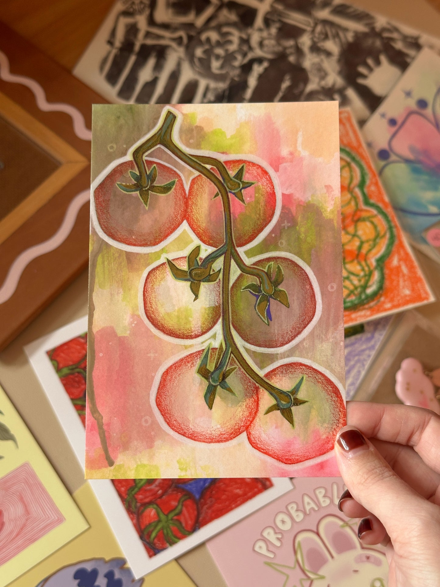 "pink tomatoes on the vine mini art print (4x6 postcard, small artwork)